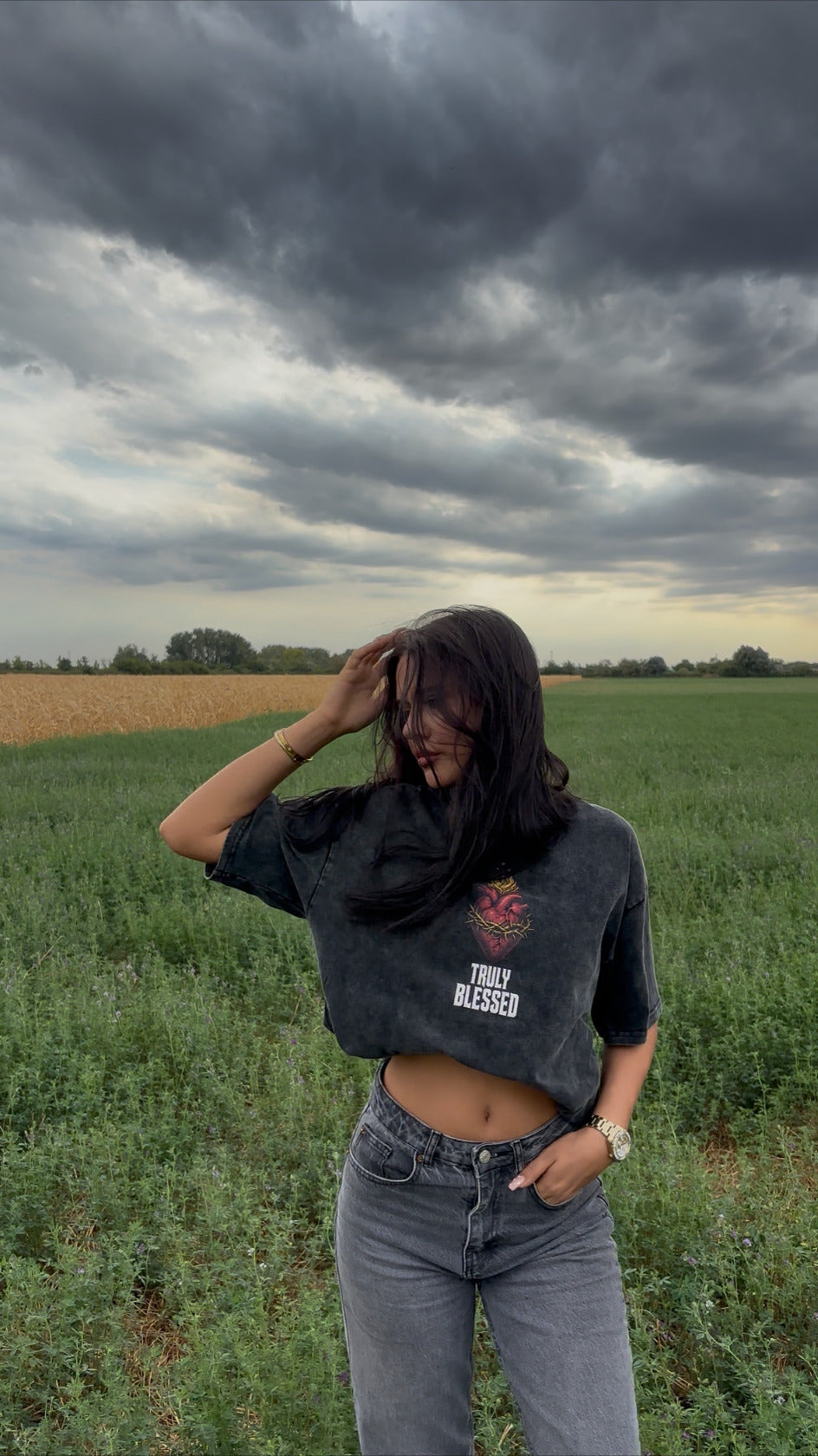FatherGlorified Truly Blessed tee front design worn outdoors